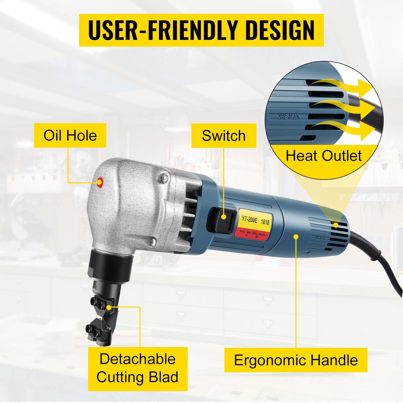 VEVOR Electric Sheet Metal Cutter, 380W Power, 1800RPM Rotor Speed, 0.07in/1.8mm Cutting Capacity, Includes Replacement Blades and Storage Case, Ideal for Stainless Steel, Aluminium, Plastic