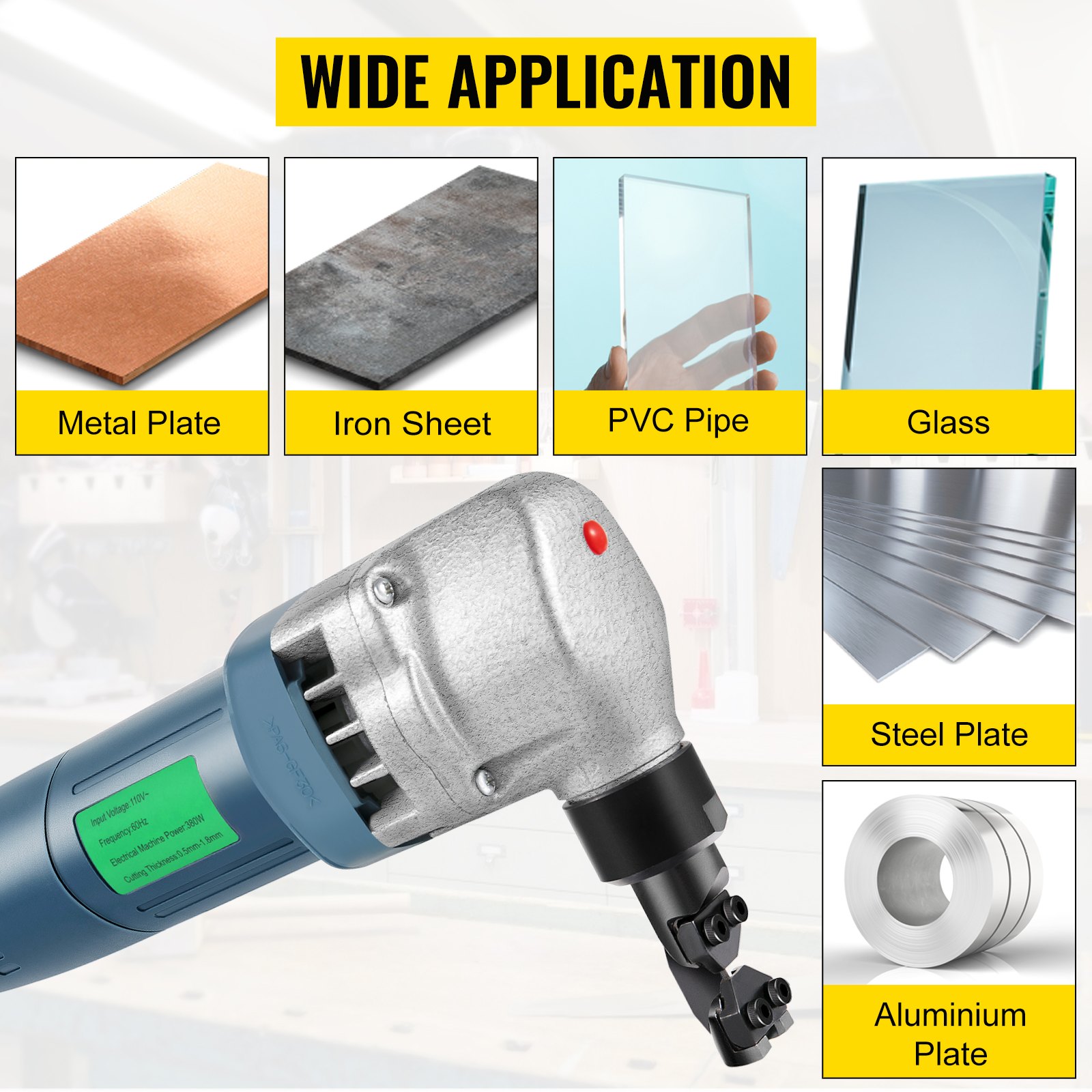 VEVOR Electric Sheet Metal Cutter, 380W Power, 1800RPM Rotor Speed, 0.07in/1.8mm Cutting Capacity, Includes Replacement Blades and Storage Case, Ideal for Stainless Steel, Aluminium, Plastic