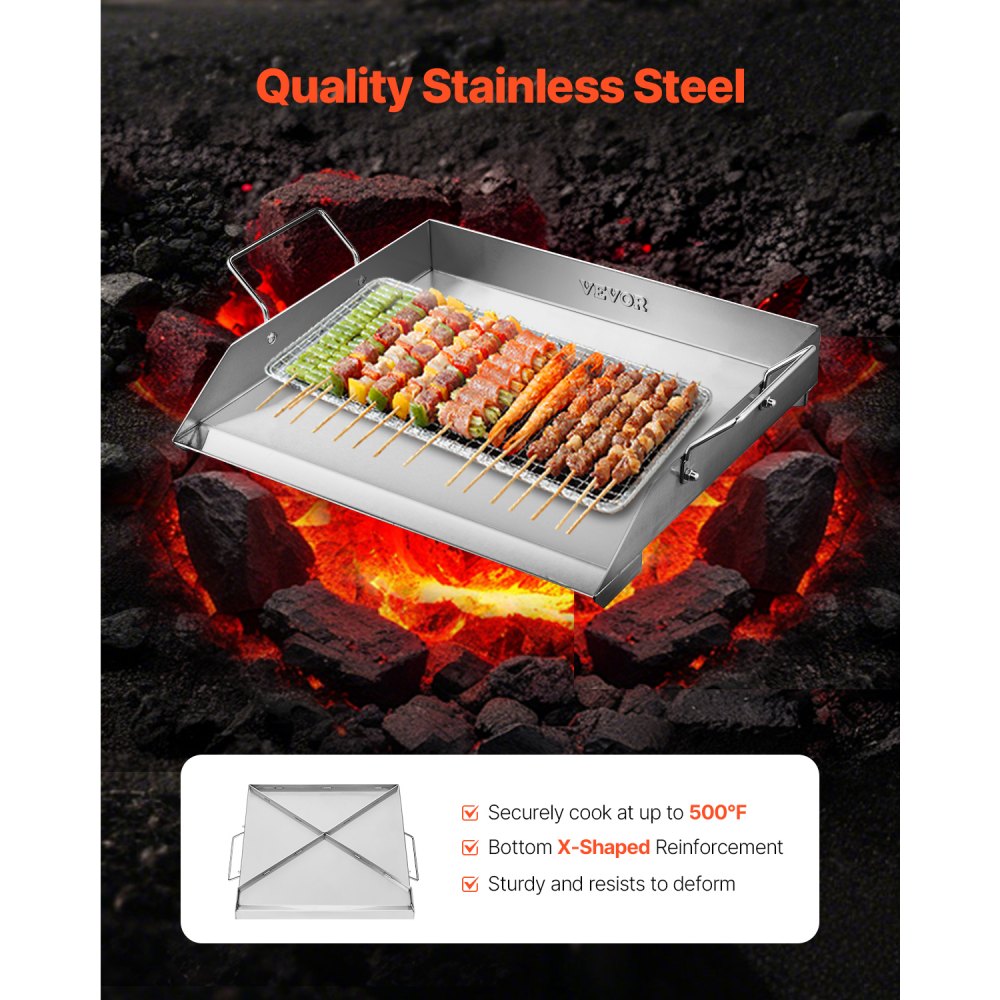 VEVOR Stainless Steel Griddle, 18x16 inch Universal Flat Top Rectangular Plate, Gas Grill Griddle for BBQ Grill, Teppanyaki, Portable Family Cookware with Handle, for Camping Tailgating Party