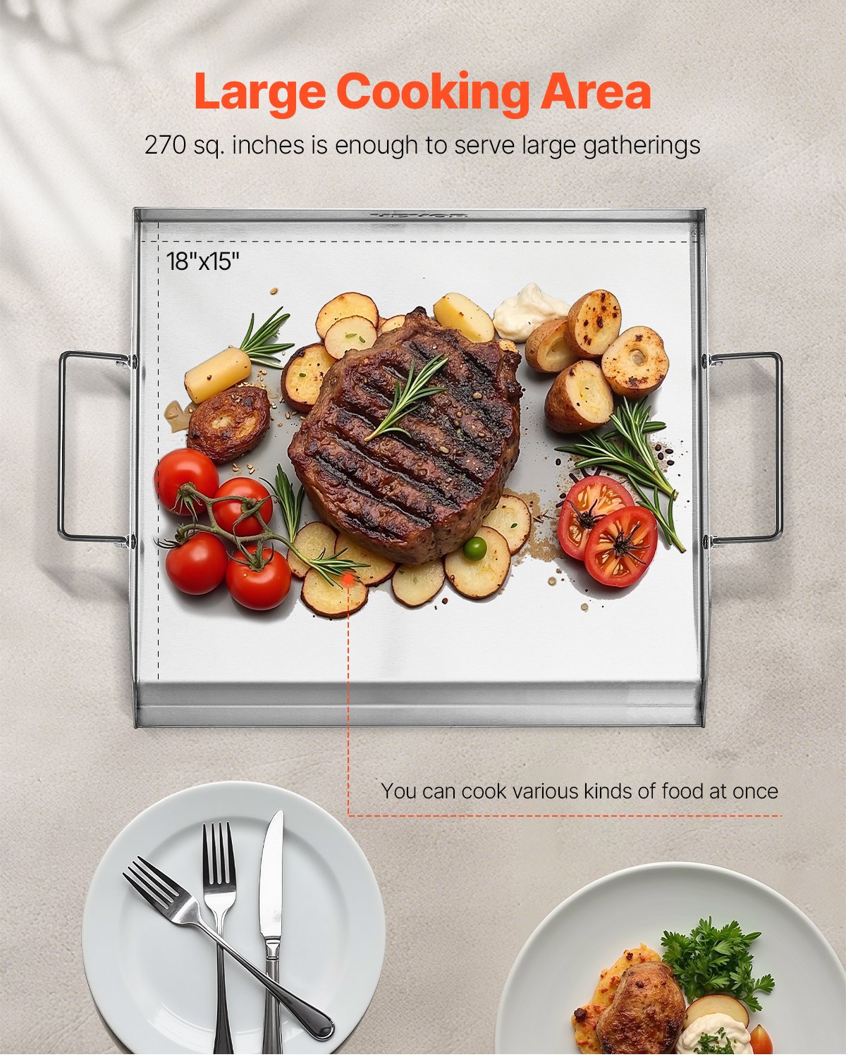 VEVOR Stainless Steel Griddle, 18x16 inch Universal Flat Top Rectangular Plate, Gas Grill Griddle for BBQ Grill, Teppanyaki, Portable Family Cookware with Handle, for Camping Tailgating Party