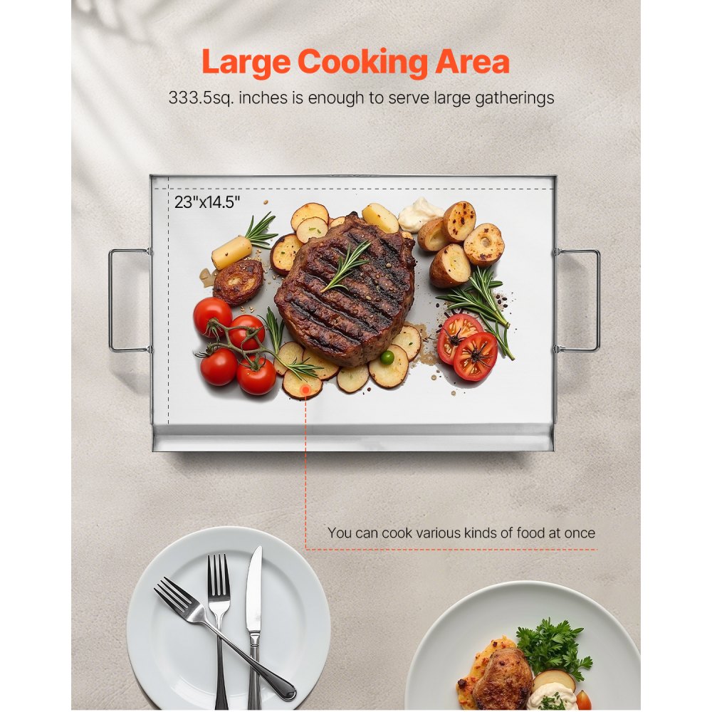 VEVOR Stainless Steel Griddle, 23x16 inch Universal Flat Top Rectangular Plate, Gas Grill Griddle for BBQ Grill, Teppanyaki, Portable Family Cookware with Handle, for Camping Tailgating Party
