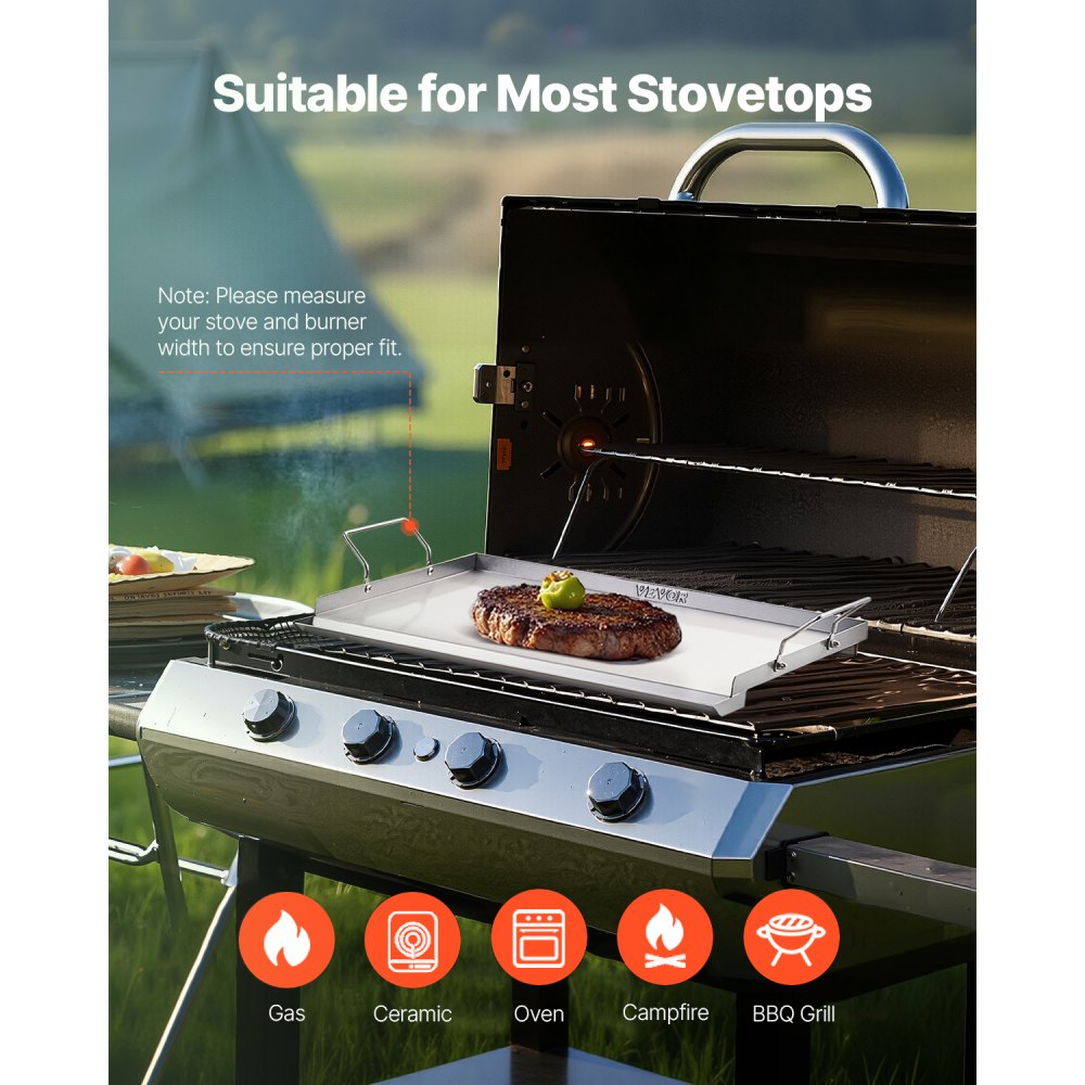 VEVOR Stainless Steel Griddle, 23x16 inch Universal Flat Top Rectangular Plate, Gas Grill Griddle for BBQ Grill, Teppanyaki, Portable Family Cookware with Handle, for Camping Tailgating Party