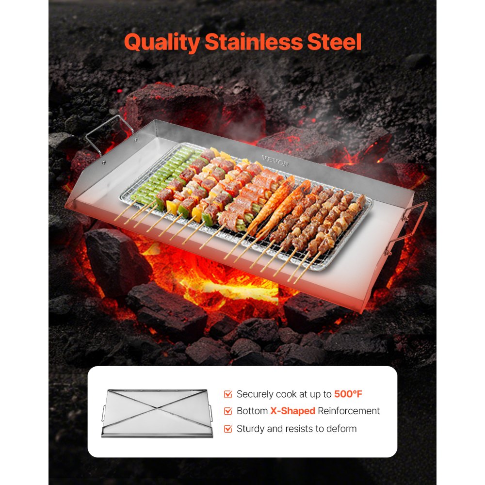 VEVOR Stainless Steel Griddle, 32x16 inch Universal Flat Top Rectangular Plate, Gas Grill Griddle for BBQ Grill, Teppanyaki, Portable Family Cookware with Handle, for Camping Tailgating Party