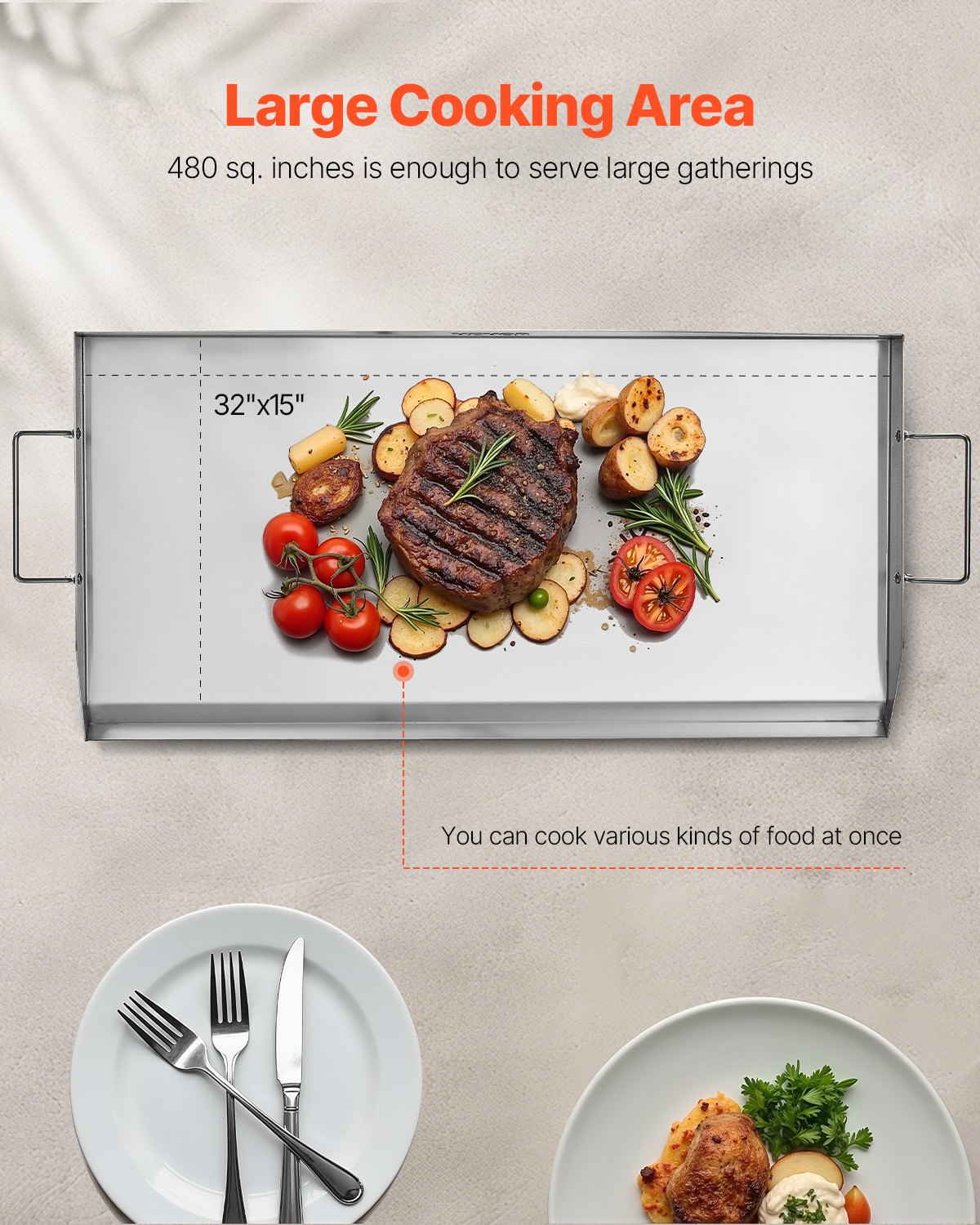 VEVOR Stainless Steel Griddle, 32x16 inch Universal Flat Top Rectangular Plate, Gas Grill Griddle for BBQ Grill, Teppanyaki, Portable Family Cookware with Handle, for Camping Tailgating Party