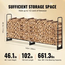 VEVOR 8.5FT Outdoor Firewood Rack with Cover, 102x14.2x46.1 in, Heavy Duty Firewood Holder & 600D Oxford Waterproof Cover for Fireplace, Patio, Indoor/Outdoor Log Storage Rack for 1/2 Cord of Firewood