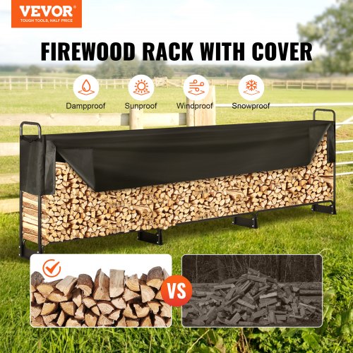 VEVOR 12.7FT Outdoor Firewood Rack with Cover, 152x14.2x46.1in,Heavy Duty Firewood Holder & 600D Oxford Waterproof Cover for Fireplace, Patio, Indoor/Outdoor Log Storage Rack for 3/4 Cord of Firewood