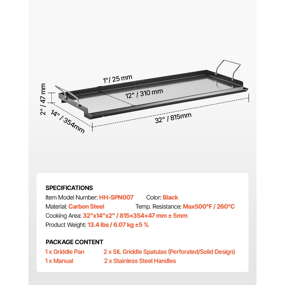 VEVOR Carbon Steel Griddle, 32x14 inch Universal Flat Top Rectangular Plate, Gas Grill Griddle for BBQ Grill, Teppanyaki, Portable Family Cookware with Handle, for Camping Tailgating Party