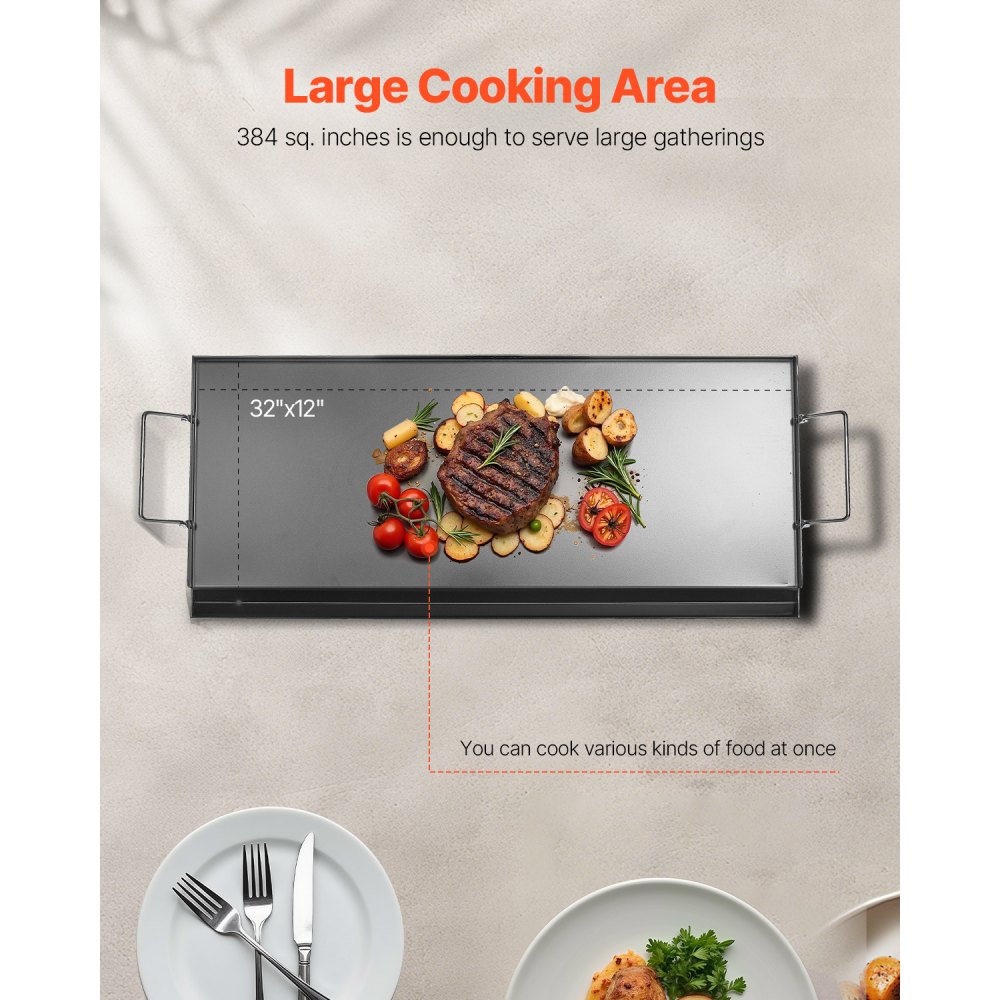 VEVOR Carbon Steel Griddle, 32x14 inch Universal Flat Top Rectangular Plate, Gas Grill Griddle for BBQ Grill, Teppanyaki, Portable Family Cookware with Handle, for Camping Tailgating Party