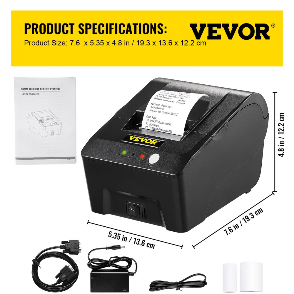 VEVOR Printer Receipt, 58mm Thermal Printer, ESC/POS Command Thermal Receipt Printer, Portable for Bank, Supermarket, Office, Restaurant Support Win 2003/XP/7/8/10 & Cashbox Driver