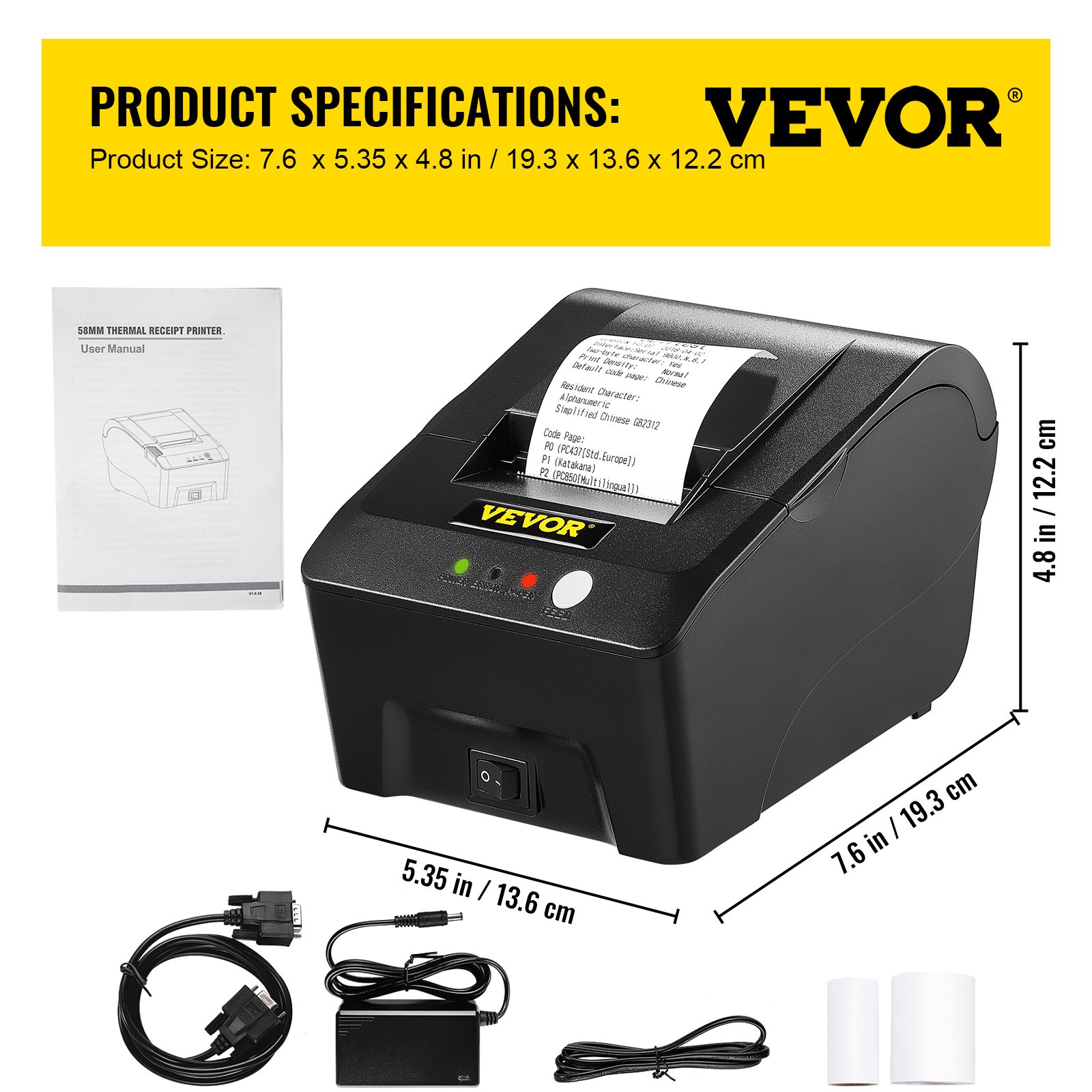 VEVOR Printer Receipt, 58mm Thermal Printer, ESC/POS Command Thermal Receipt Printer, Portable for Bank, Supermarket, Office, Restaurant Support Win 2003/XP/7/8/10 & Cashbox Driver