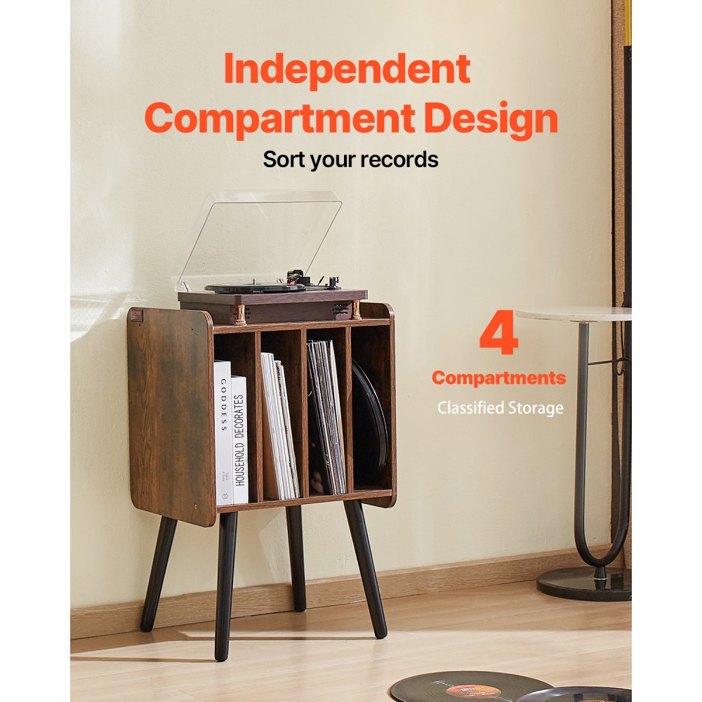 VEVOR Record Player Stand, 2 Tiers Turntable Stand with 4 Cabinets, Holds up to 100 Albums, Wooden Vinyl Record Storage Cabinet with Display Shelf for Bedroom, Living Room, Brown