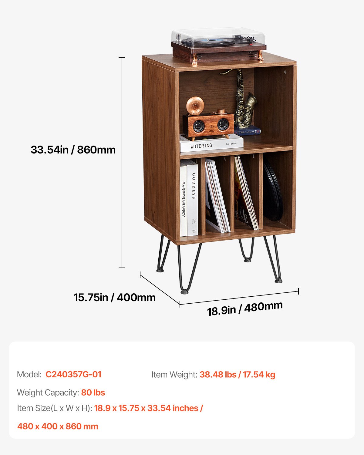 VEVOR Record Player Stand, 3 Tiers Turntable Stand with Record Storage, Vinyl Record Storage Cabinet with Metal Legs for Bedroom, Living Room, Brown
