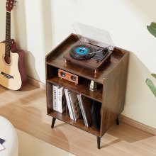 3-Tier Record Player with LED Light & USB Ports Wooden Vinyl Shelf Brown