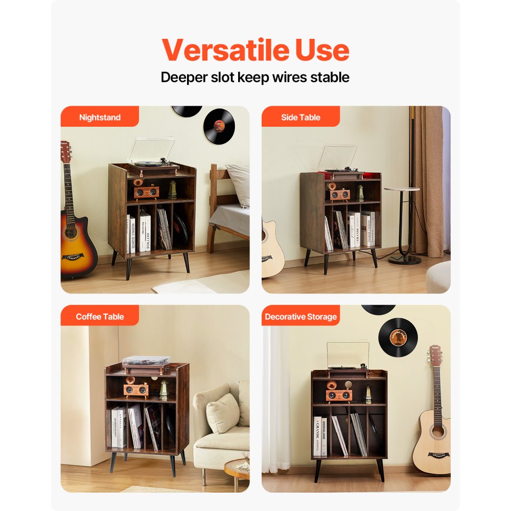 VEVOR Record Player Stand with LED Light, 3 Tiers Turntable Stand with Charging Station & USB Ports, Holds up to 150 Albums, Vinyl Record Storage Cabinet with Display Shelf for Bedroom, Living Room