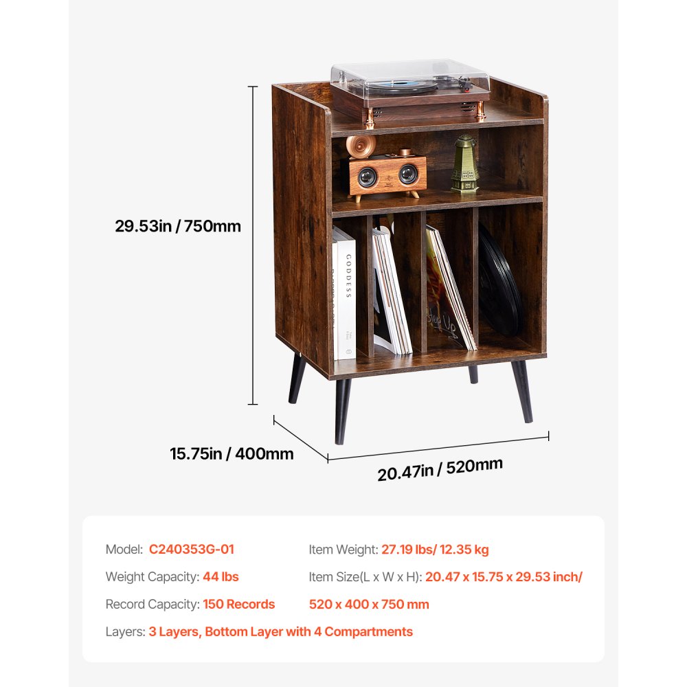 VEVOR Record Player Stand with LED Light, 3 Tiers Turntable Stand with Charging Station & USB Ports, Holds up to 150 Albums, Vinyl Record Storage Cabinet with Display Shelf for Bedroom, Living Room