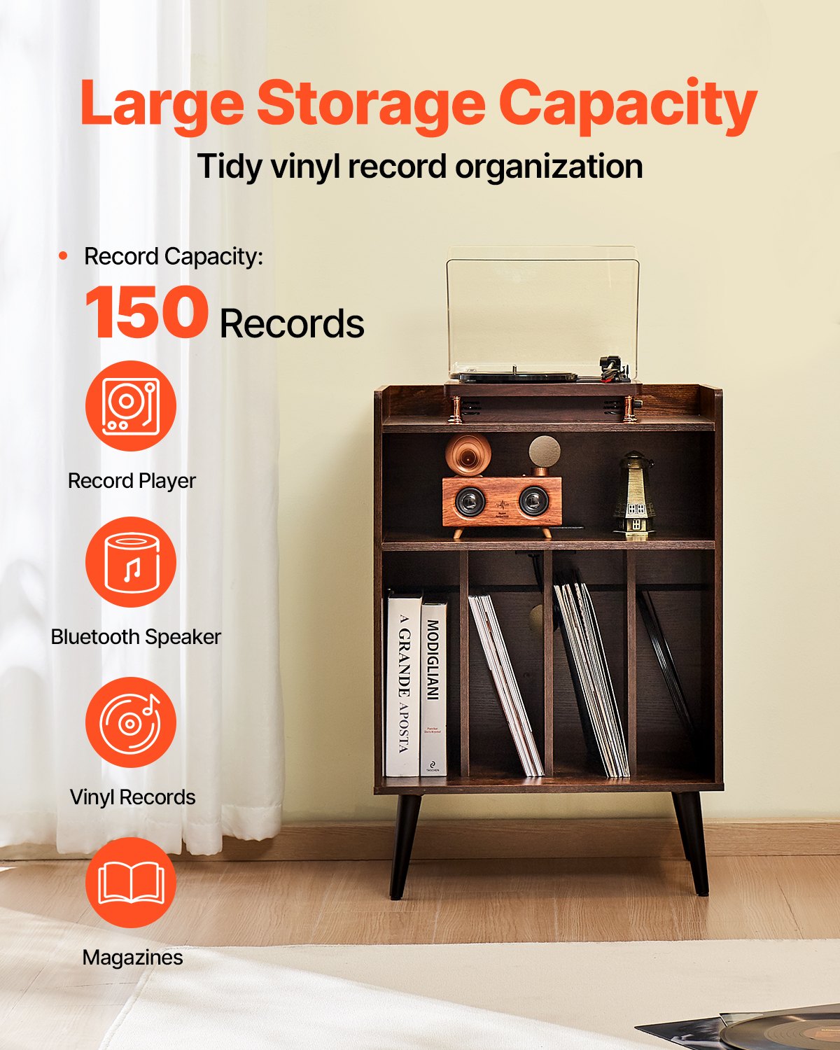 VEVOR Record Player Stand with LED Light, 3 Tiers Turntable Stand with Charging Station & USB Ports, Holds up to 150 Albums, Vinyl Record Storage Cabinet with Display Shelf for Bedroom, Living Room