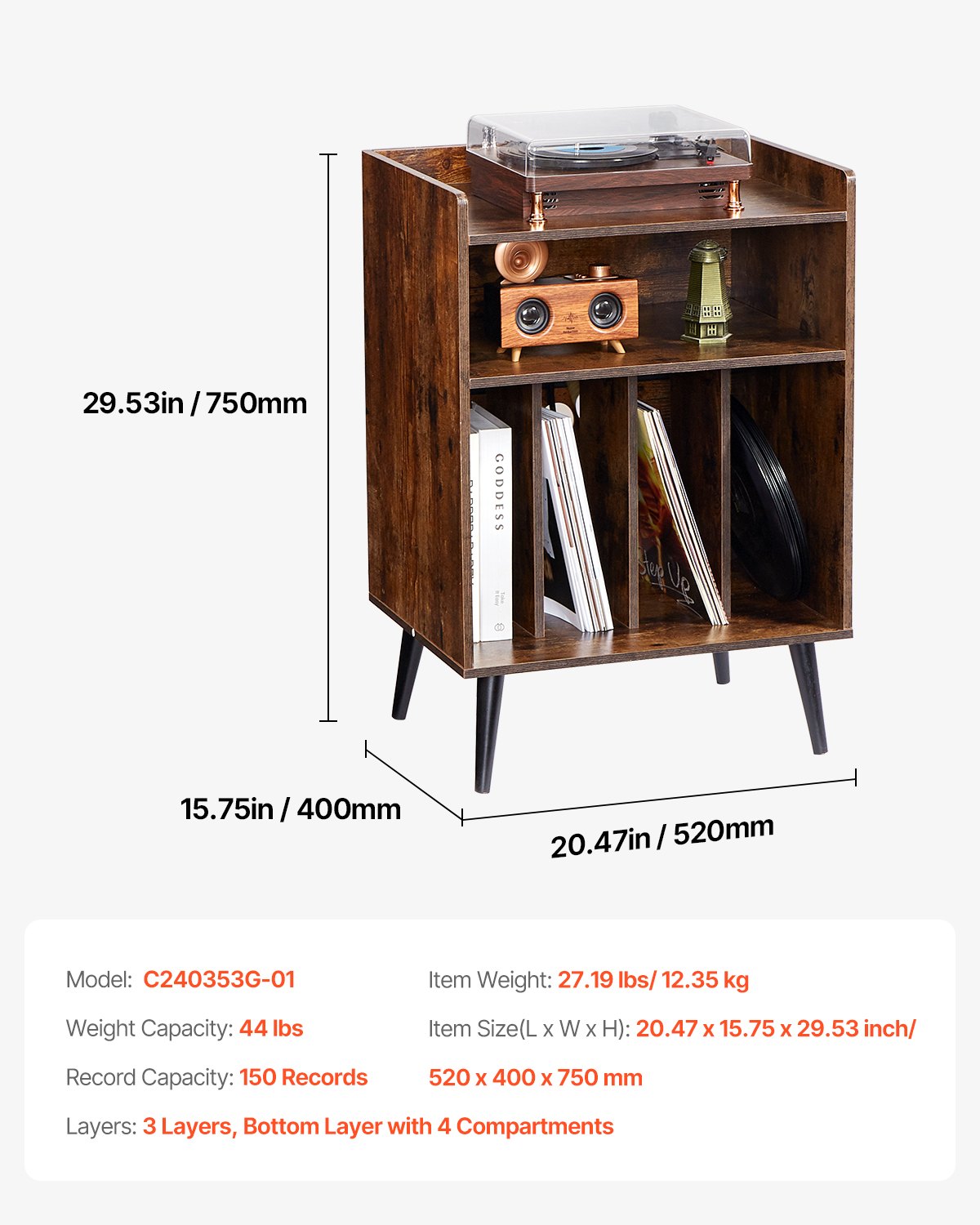 VEVOR Record Player Stand with LED Light, 3 Tiers Turntable Stand with Charging Station & USB Ports, Holds up to 150 Albums, Vinyl Record Storage Cabinet with Display Shelf for Bedroom, Living Room