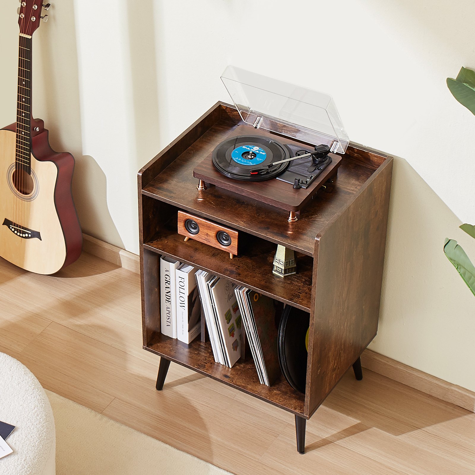 VEVOR Record Player Stand with LED Light, 3 Tiers Turntable Stand with Charging Station & USB Ports, Holds up to 150 Albums, Vinyl Record Storage Cabinet with Display Shelf for Bedroom, Living Room