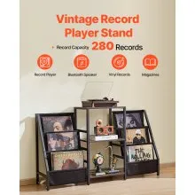 VEVOR Record Player Stand, 3 Tiers Metal Vinyl Record Stand, Holds up to 280 Albums, Turntable Stand with Record Holder Vinyl Display Shelf, Wooden Record Holder Ideal for Bedroom, Living Room, Black