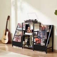 VEVOR Record Player Stand, 3 Tiers Metal Vinyl Record Stand, Holds up to 280 Albums, Turntable Stand with Record Holder Vinyl Display Shelf, Wooden Record Holder Ideal for Bedroom, Living Room, Black