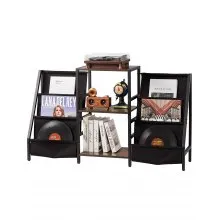 VEVOR Record Player Stand, 3 Tiers Metal Vinyl Record Stand, Holds up to 280 Albums, Turntable Stand with Record Holder Vinyl Display Shelf, Wooden Record Holder Ideal for Bedroom, Living Room, Black
