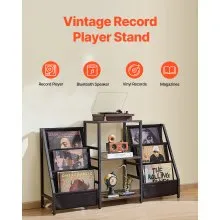 VEVOR Record Player Stand, 3 Tiers Metal Vinyl Record Stand, Holds up to 280 Albums, Turntable Stand with Record Holder Vinyl Display Shelf, Wooden Record Holder Ideal for Bedroom, Living Room, Black