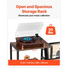 3 Tiers Record Player with LED Light & USB Ports Metal Vinyl Shelf Black