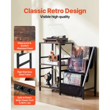 3 Tiers Record Player with LED Light & USB Ports Metal Vinyl Shelf Black