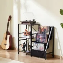 Soporte para tocadiscos VEVOR con estación de carga y puertos USB, capacidad para hasta 200 álbumes, soporte de 3 niveles con almacenamiento de discos de vinilo, mesa para tocadiscos con estante de exhibición para dormitorio y sala de estar.