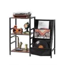 Soporte para tocadiscos VEVOR con estación de carga y puertos USB, capacidad para hasta 200 álbumes, soporte de 3 niveles con almacenamiento de discos de vinilo, mesa para tocadiscos con estante de exhibición para dormitorio y sala de estar.