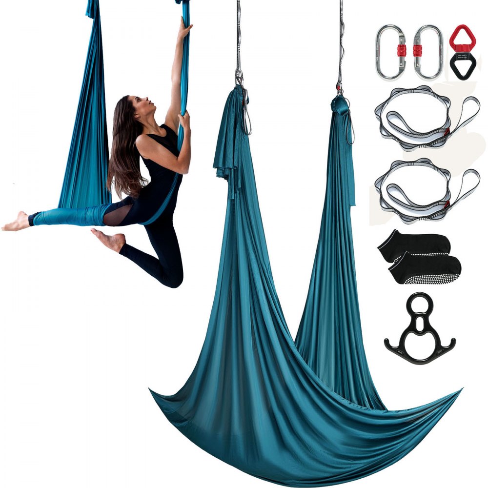 VEVOR aerial yoga hammock in blue with accessories, demonstrated by a person performing aerial yoga.