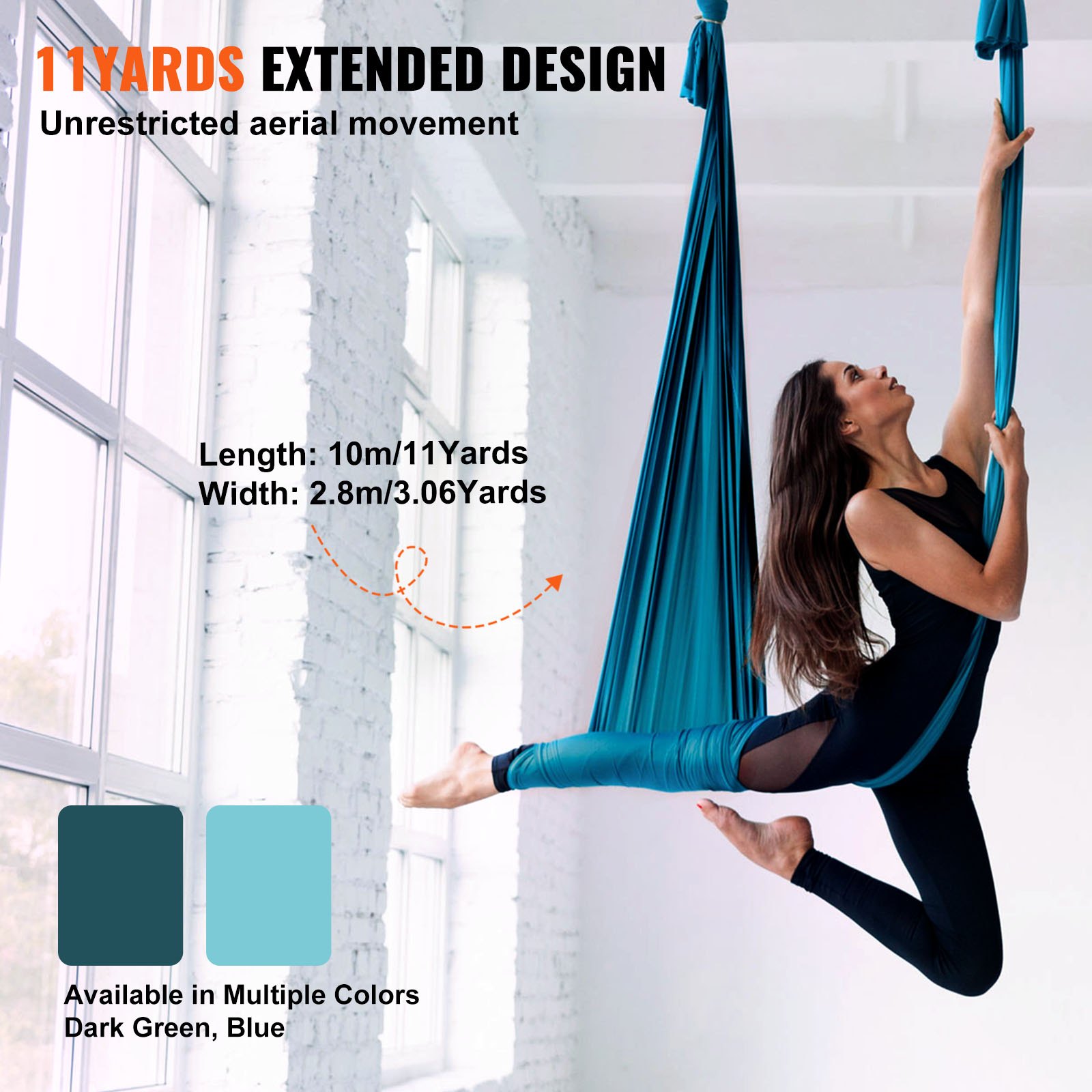 person exercising with a VEVOR aerial yoga hammock in a bright room, hammock available in dark green blue