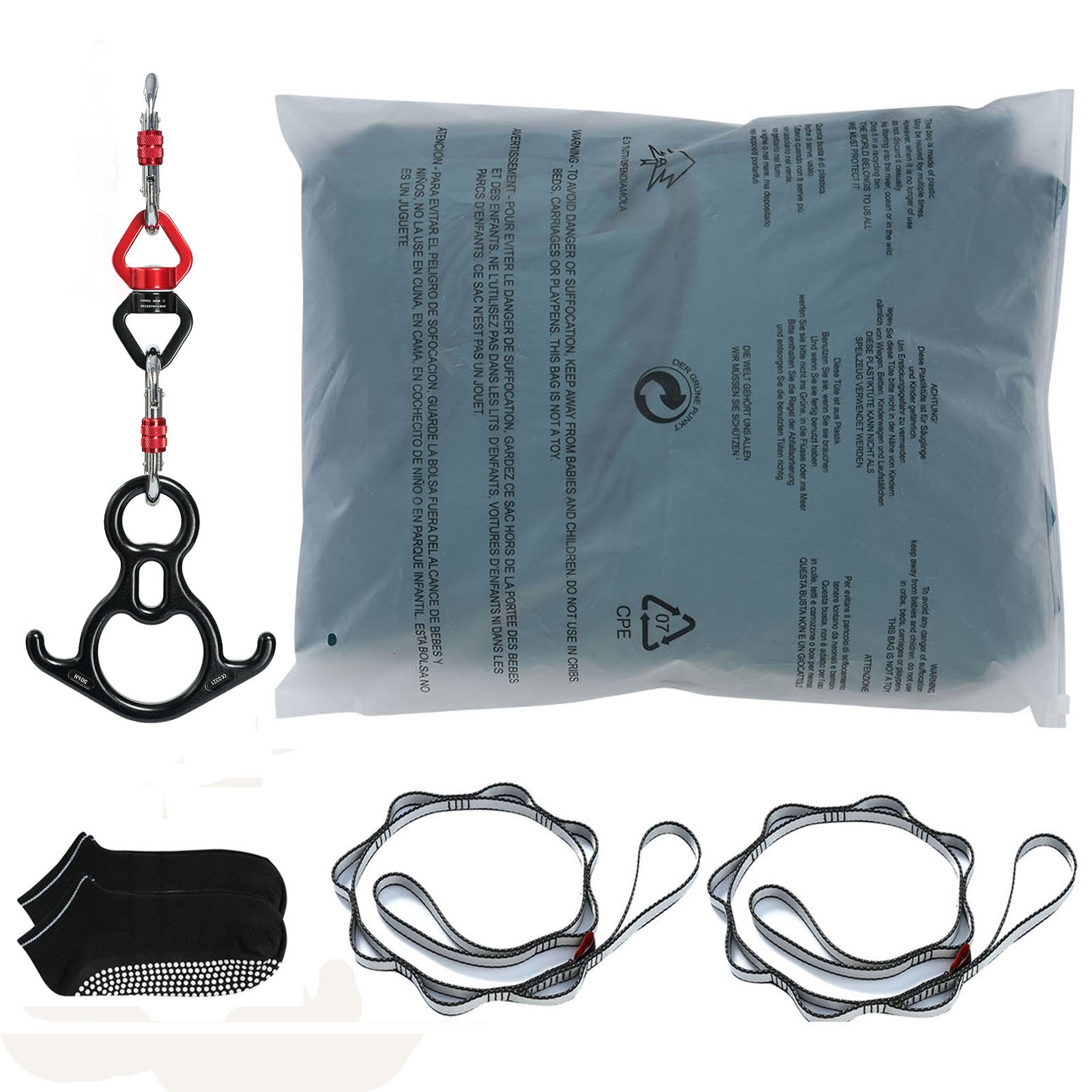 VEVOR aerial yoga hammock kit with hardware, straps, socks, and packaging.
