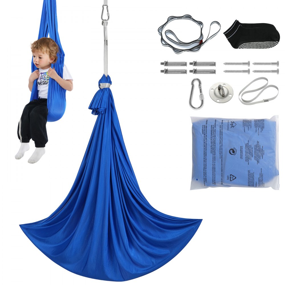 child in VEVOR sensory swing, blue fabric, installation kit, ceiling mount, screws, and hardware.