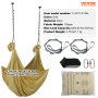 VEVOR aerial yoga hammock gold nylon, 4m x 2.8m, includes straps, carabiners, socks, and packaging details.