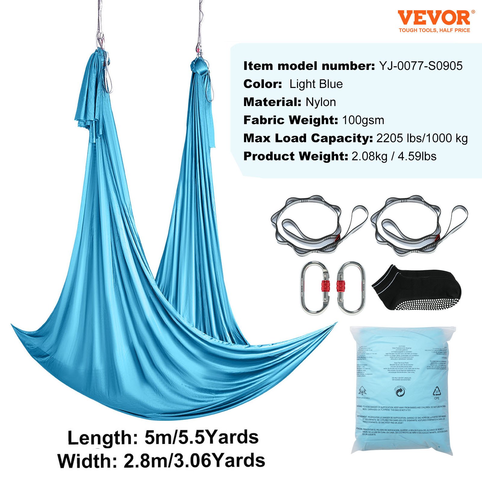 VEVOR Aerial Yoga Hammock & Swing, 5 m Length, Aerial Yoga Starter Kit with 100gsm Nylon Fabric, Full Rigging Hardware & Easy Set-up Guide, Antigravity Flying for All Levels Fitness Bodybuilding, Blue