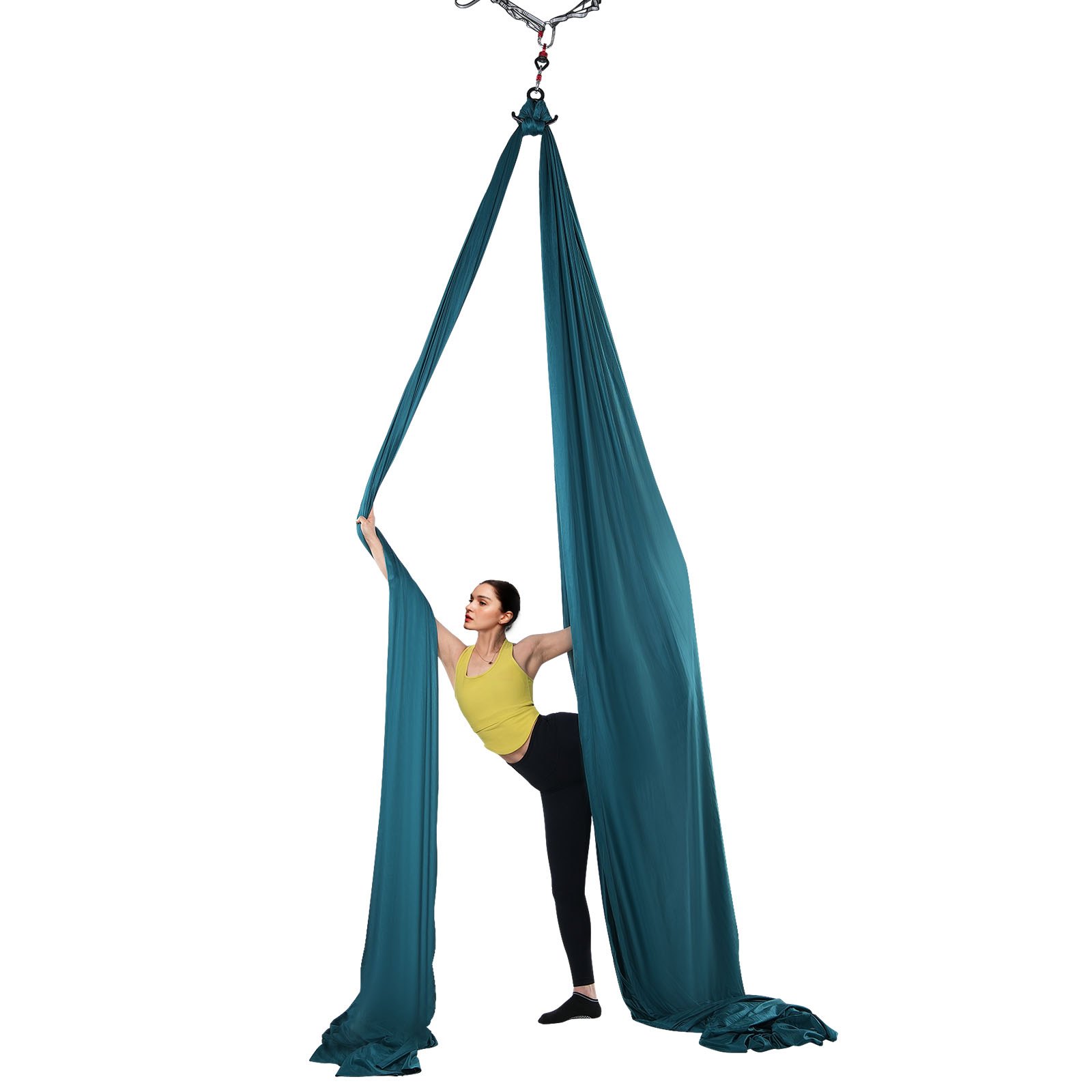 person practicing aerial yoga with VEVOR aerial yoga swing in a dancer pose, wearing a yellow top and black pants.