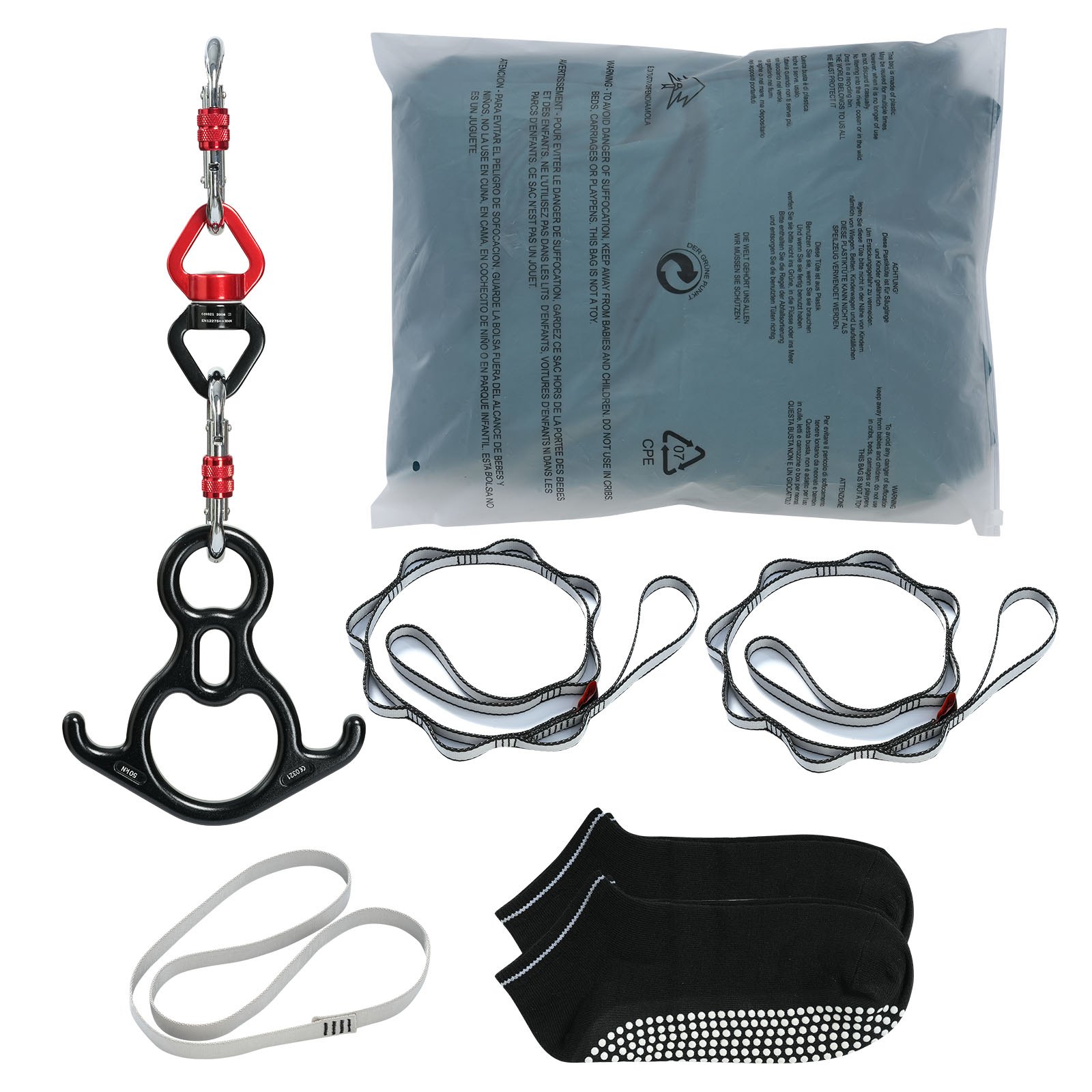 VEVOR aerial yoga swing kit with straps, carabiners, figure 8 descender, and grip socks.