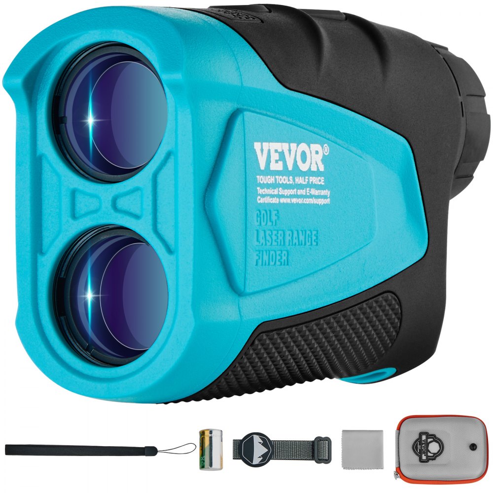 VEVOR golf rangefinder with dual lenses, wrist strap, battery, carrying case, and cleaning cloth.