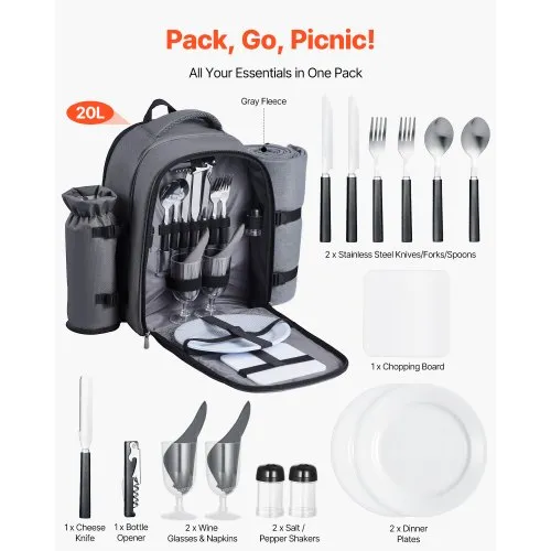 2Person Picnic Backpack Insulated Compartment with plates,silverware & Glasses Wudkey 2 Person Picnic Backpack with Detachable Bottle, Wine  main image 4
