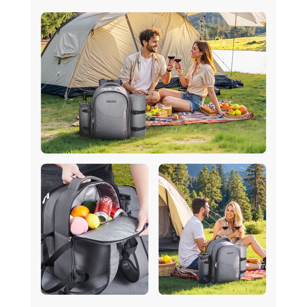VEVOR Picnic Backpack, Beach Picnic Backpack Bag for 2 Person with Insulated Cooler Compartment, Detachable Bottle/Wine Holder, Lightweight Blanket, Plates and Cutlery Set for Hiking, Camping, Grey