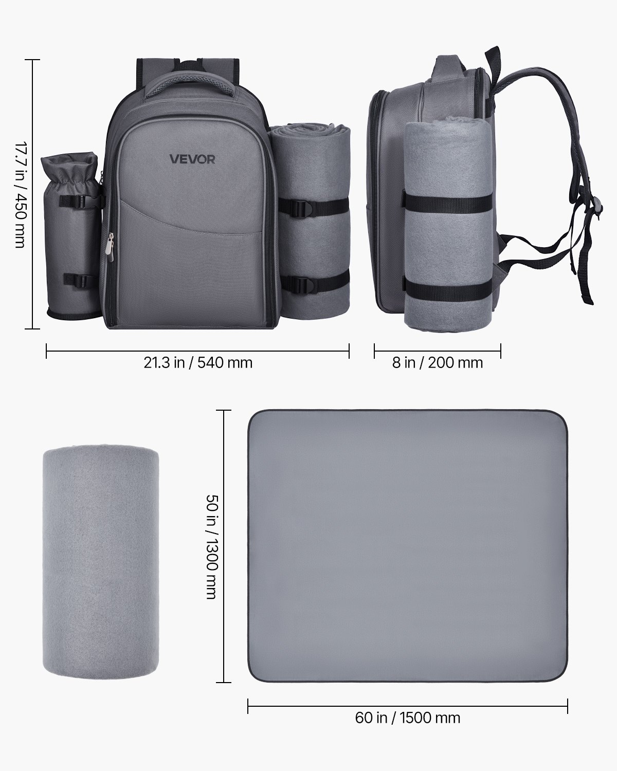 VEVOR Picnic Backpack, Beach Picnic Backpack Bag for 2 Person with Insulated Cooler Compartment, Detachable Bottle/Wine Holder, Lightweight Blanket, Plates and Cutlery Set for Hiking, Camping, Grey