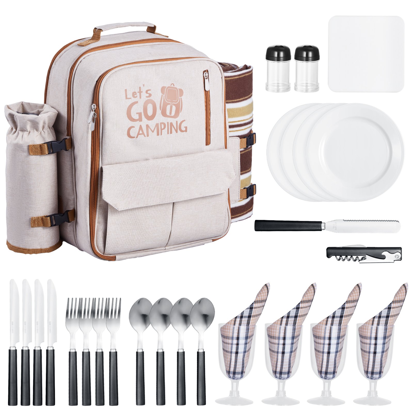 VEVOR Picknickryggsäck, Strandpicknickryggsäck för 4 personer med isolerat kylfack, avtagbar flask-/vinhållare, lätt filt, tallrikar och bestickset för utomhusbruk, vandring, camping