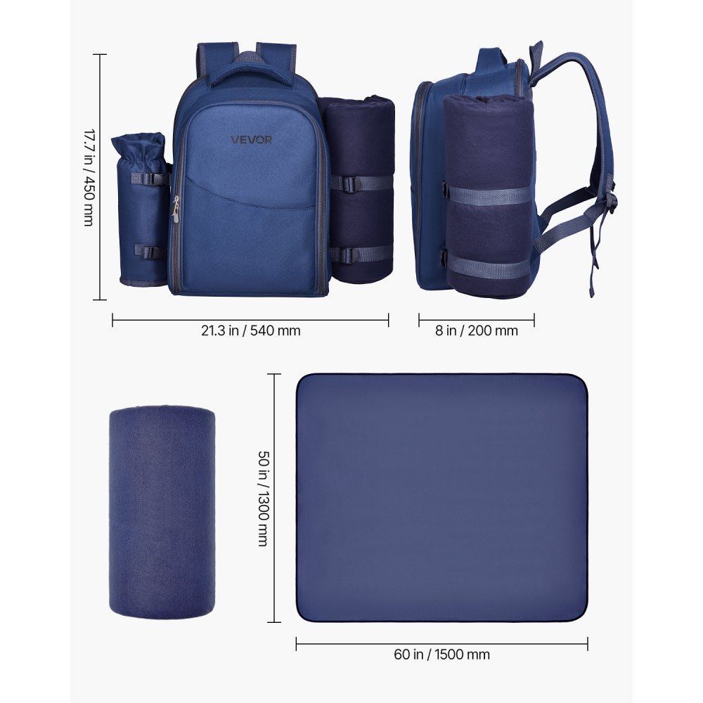 VEVOR Picnic Backpack, Beach Picnic Backpack Bag for 2 Person with Insulated Cooler Compartment, Detachable Bottle/Wine Holder, Lightweight Blanket, Plates & Cutlery Set for Hiking, Camping, Navy Blue