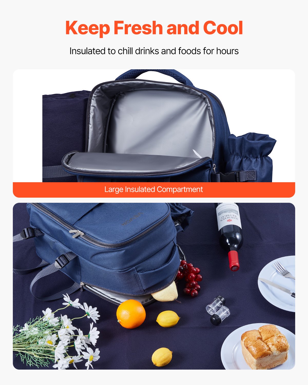VEVOR Picnic Backpack, Beach Picnic Backpack Bag for 2 Person with Insulated Cooler Compartment, Detachable Bottle/Wine Holder, Lightweight Blanket, Plates & Cutlery Set for Hiking, Camping, Navy Blue