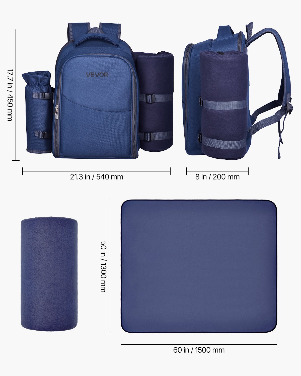 VEVOR Picnic Backpack, Beach Picnic Backpack Bag for 2 Person with Insulated Cooler Compartment, Detachable Bottle/Wine Holder, Lightweight Blanket, Plates & Cutlery Set for Hiking, Camping, Navy Blue