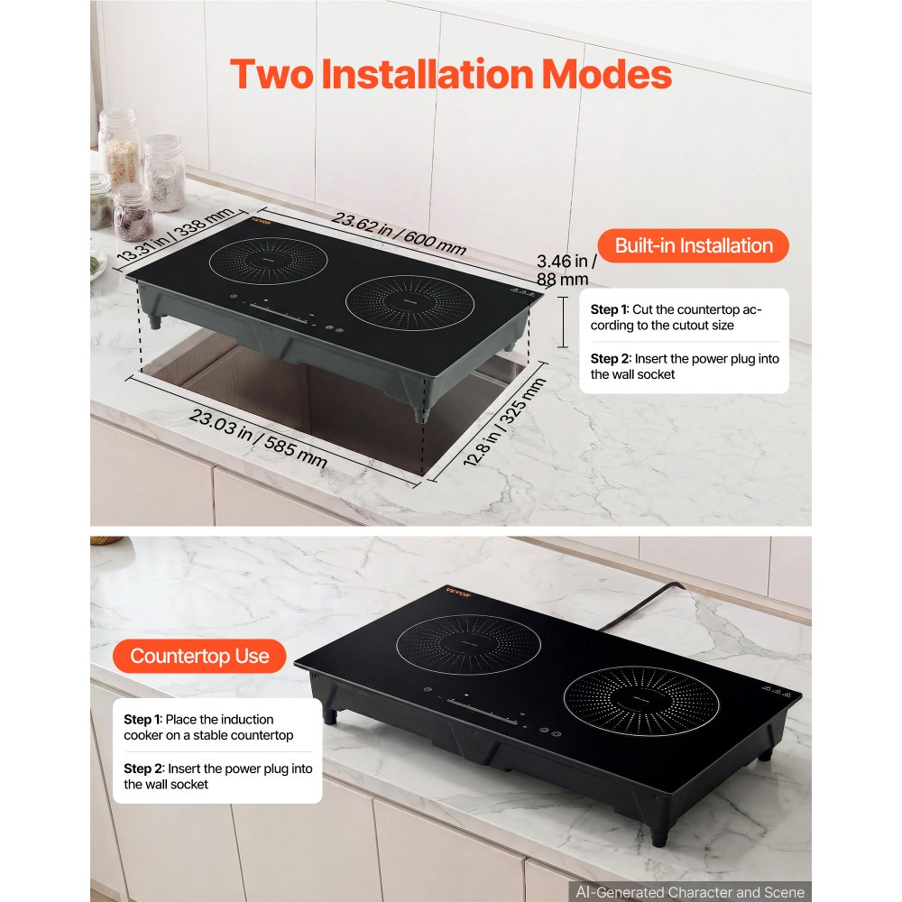 VEVOR Induction Cooktop 24inch 2 Burners Built-in Electric Stove 110V 1800W, Low-Power Continuous Heating, Induction Burner, with 9 Power Levels, LED Touch Screen, and Child Lock, for Kitchen, RV