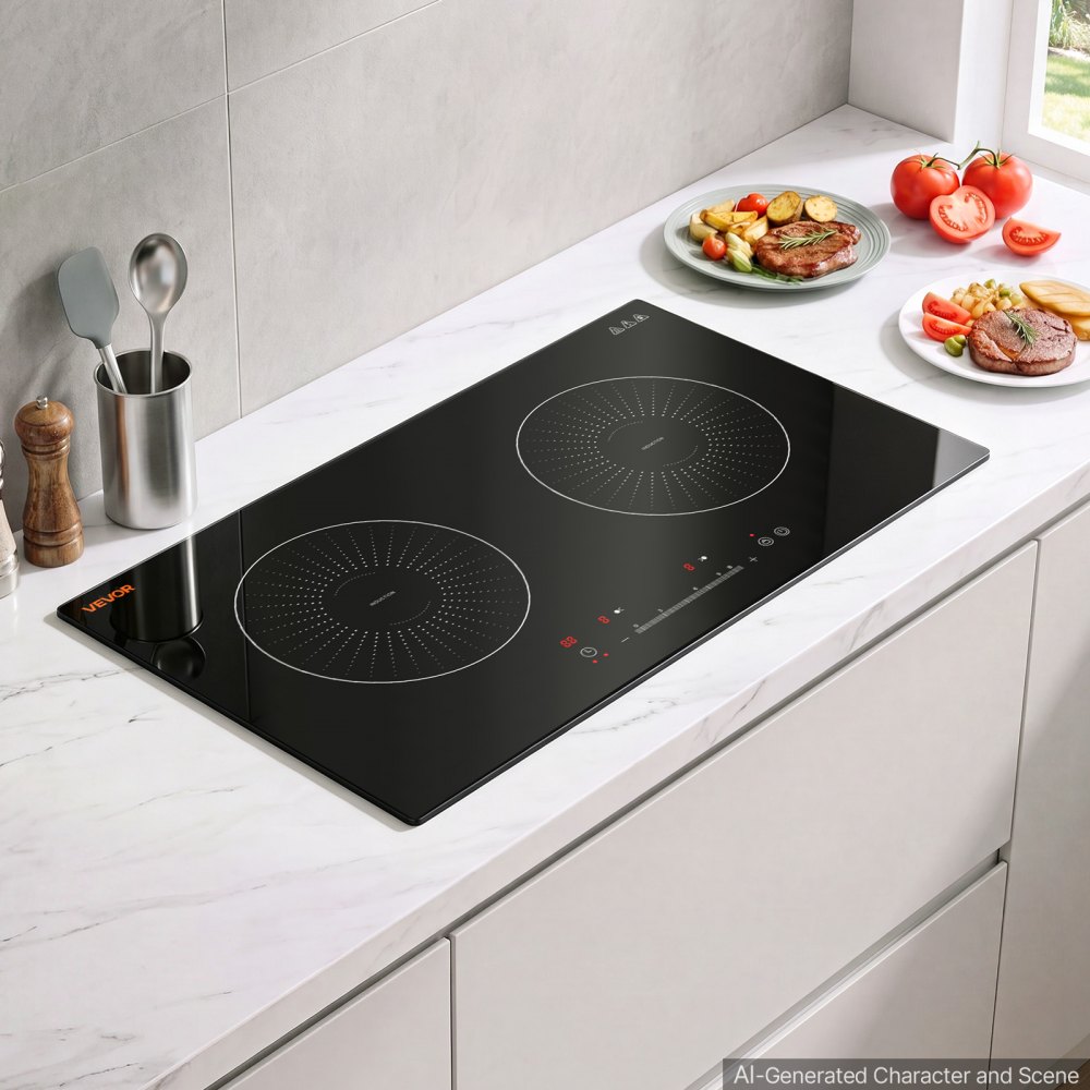 VEVOR Induction Cooktop 24inch 2 Burners Built-in Electric Stove 110V 1800W, Low-Power Continuous Heating, Induction Burner, with 9 Power Levels, LED Touch Screen, and Child Lock, for Kitchen, RV