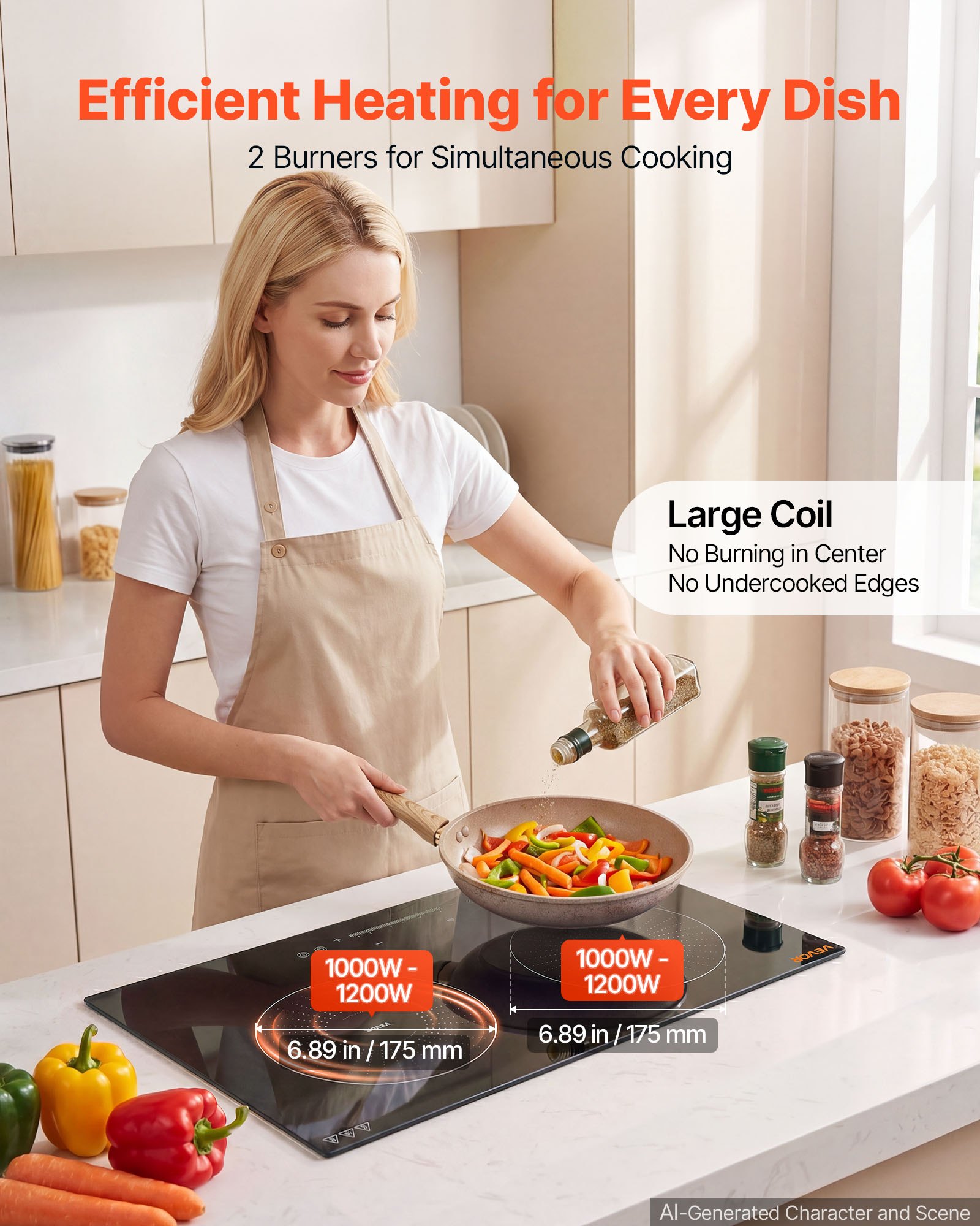 VEVOR Induction Cooktop 24inch 2 Burners Built-in Electric Stove 110V 1800W, Low-Power Continuous Heating, Induction Burner, with 9 Power Levels, LED Touch Screen, and Child Lock, for Kitchen, RV