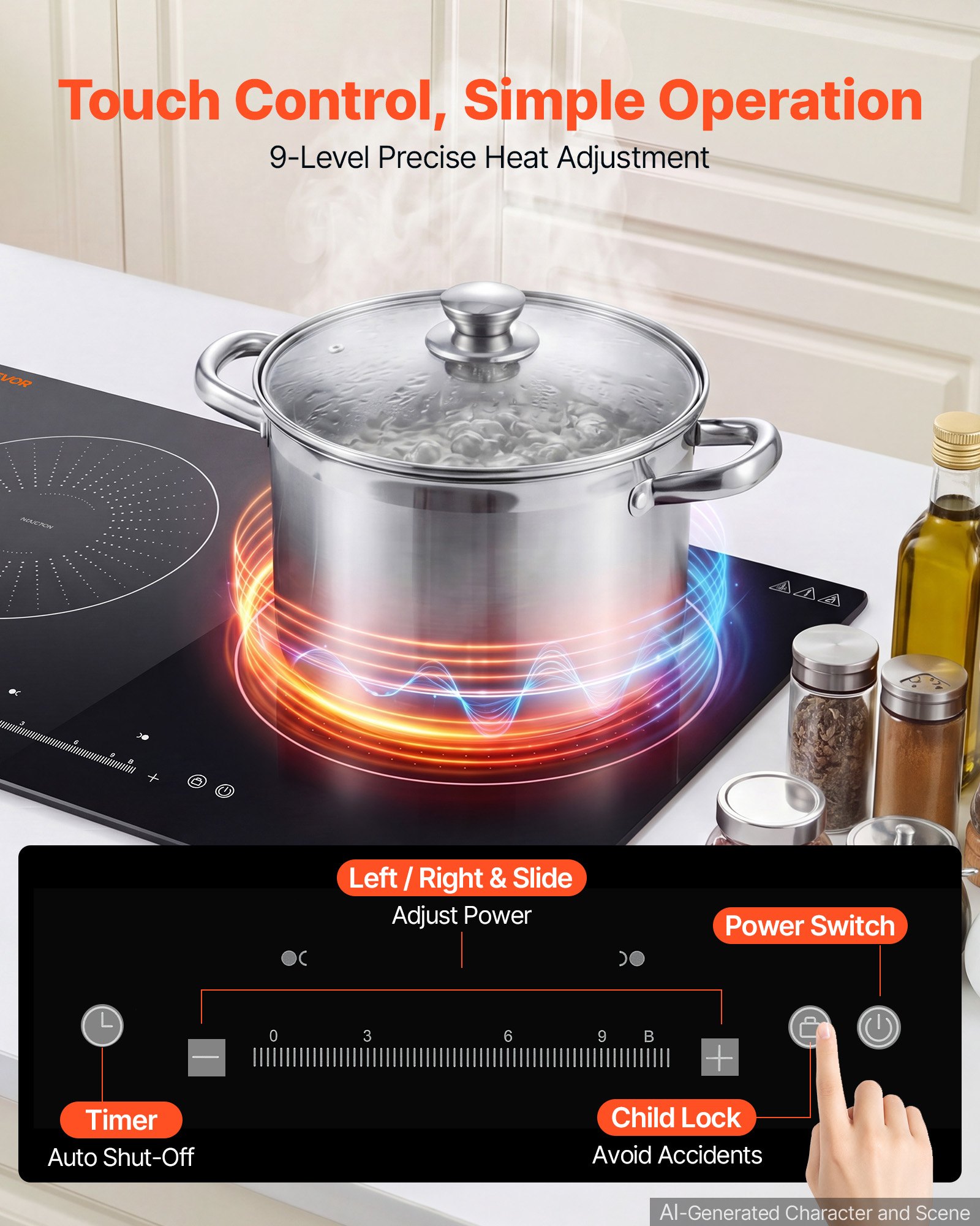 VEVOR Induction Cooktop 24inch 2 Burners Built-in Electric Stove 110V 1800W, Low-Power Continuous Heating, Induction Burner, with 9 Power Levels, LED Touch Screen, and Child Lock, for Kitchen, RV